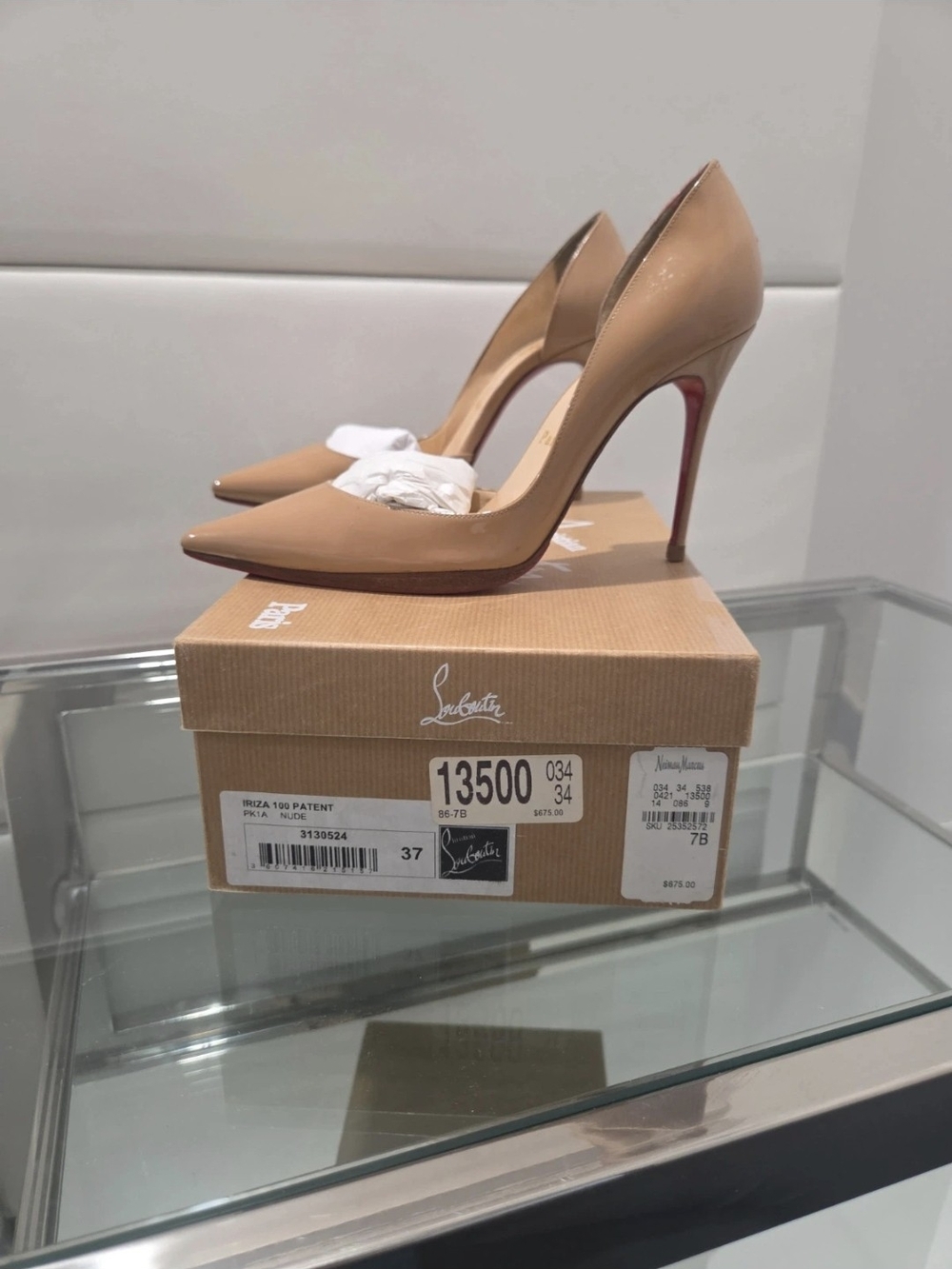 Christian Louboutin Beige Patent Leather Pointed Toe Pumps with Red Sole
